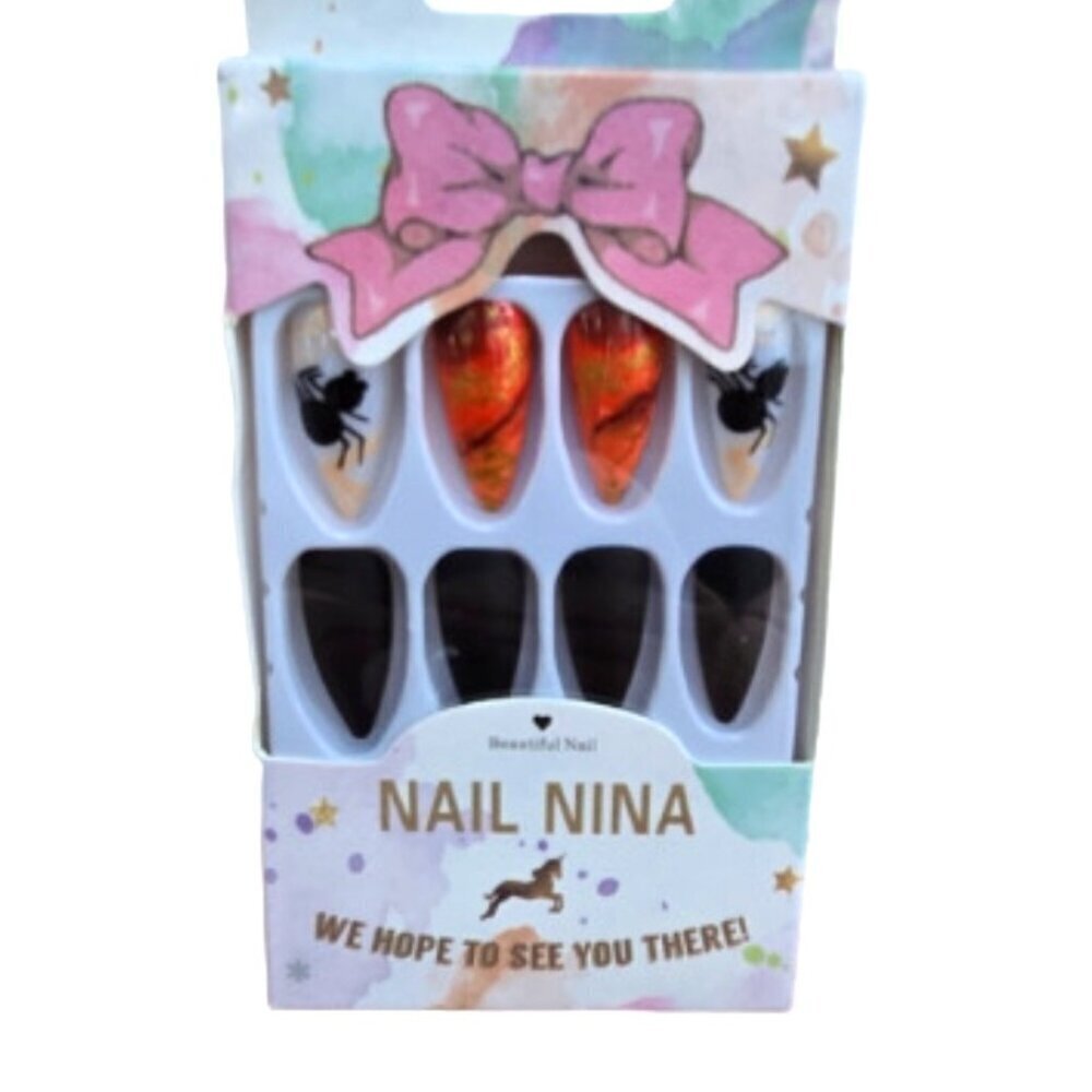 Press On Nails Spider Orange Marbled Black Matte Stiletto NWT